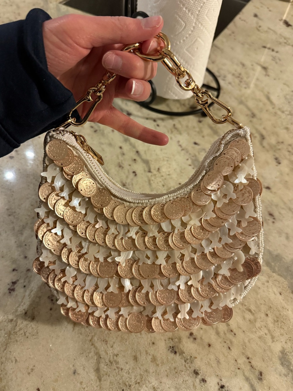 Gold & Cream/White Coin Fish Beaded Bag